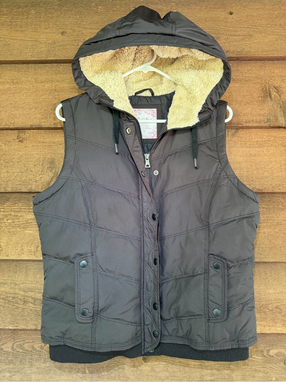VTG Duck Head Down Puffer Vest Large Hooded Black Faux Fur Gorpcore Y2K